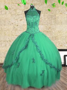 Decent Turquoise Halter Top Lace Up Beading Quince Ball Gowns Sleeveless