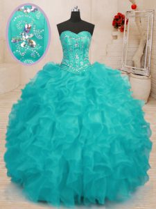 Sleeveless Organza Floor Length Lace Up Sweet 16 Dresses in Aqua Blue with Beading and Ruffles