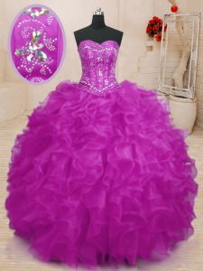 Unique Fuchsia Organza Lace Up Quinceanera Dress Sleeveless Floor Length Beading and Ruffles