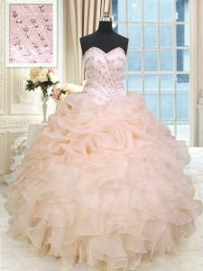 High Quality Peach Ball Gowns Organza Sweetheart Sleeveless Beading and Ruffles Floor Length Lace Up Quinceanera Dress