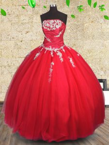 Latest Red Strapless Lace Up Appliques and Ruching Vestidos de Quinceanera Sleeveless