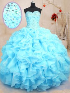 Baby Blue Ball Gowns Beading and Ruffles Quinceanera Dress Lace Up Organza Sleeveless Floor Length
