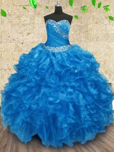 Simple Floor Length Baby Blue 15th Birthday Dress Organza Sleeveless Beading and Ruching