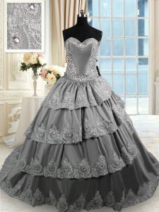 Sleeveless Court Train Lace Up With Train Beading and Appliques and Ruffled Layers Quinceanera Dress