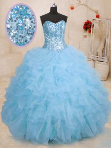 Pretty Baby Blue Ball Gowns Beading and Ruffles 15th Birthday Dress Lace Up Organza Sleeveless Floor Length