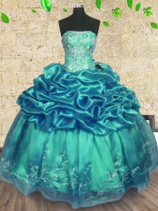 Turquoise Lace Up Vestidos de Quinceanera Beading and Ruffles Sleeveless Floor Length