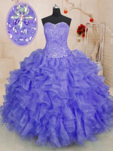 Lavender Ball Gowns Beading and Ruffles Ball Gown Prom Dress Lace Up Organza Sleeveless Floor Length