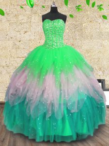 Sweetheart Sleeveless Sweet 16 Quinceanera Dress Floor Length Beading and Ruffles and Sequins Multi-color Tulle