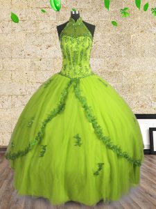 High Quality Halter Top Sleeveless Tulle Quince Ball Gowns Beading Lace Up