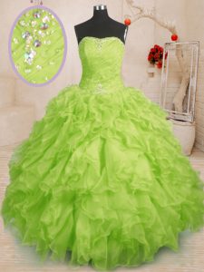 Dynamic Yellow Green Organza Lace Up Strapless Sleeveless Floor Length Vestidos de Quinceanera Beading and Ruffles and R