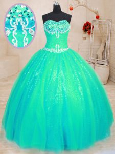 Fine Turquoise Lace Up Quinceanera Dresses Beading and Appliques Sleeveless Floor Length