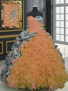 Printed Orange Sleeveless Brush Train Beading and Ruffles and Pattern With Train Quince Ball Gowns