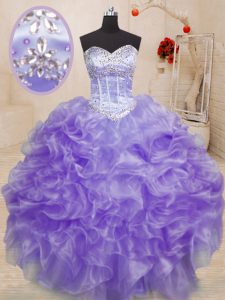 Pretty Lavender Sleeveless Organza Lace Up Quinceanera Dresses for Military Ball and Sweet 16 and Quinceanera