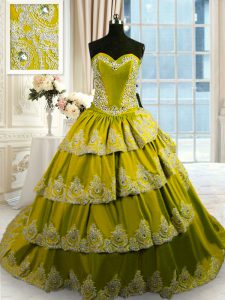 Trendy Olive Green Taffeta Lace Up Sweetheart Sleeveless With Train Quinceanera Dresses Court Train Beading and Applique