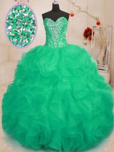 Free and Easy Sleeveless Organza Floor Length Lace Up Quince Ball Gowns in Green with Beading and Ruffles