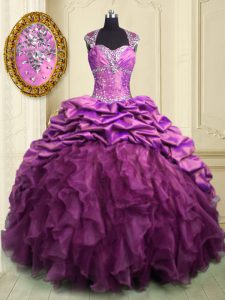 Dynamic Cap Sleeves With Train Beading and Ruffles and Ruffled Layers and Pick Ups Lace Up Ball Gown Prom Dress with Lil