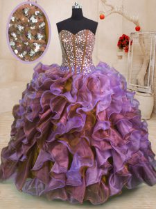 Low Price Multi-color Organza Lace Up Sweetheart Sleeveless Floor Length Sweet 16 Dress Beading and Ruffles