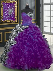 Purple Lace Up Sweetheart Beading and Ruffles and Pattern Quince Ball Gowns Organza and Printed Sleeveless Brush Train