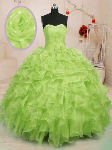 Affordable Sweetheart Sleeveless Vestidos de Quinceanera Floor Length Beading and Ruffles and Hand Made Flower Yellow Gr