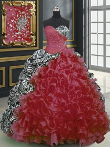 Brush Train Ball Gowns Quinceanera Dress Wine Red Sweetheart Organza and Printed Sleeveless With Train Lace Up