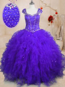 Cap Sleeves Tulle Floor Length Lace Up Vestidos de Quinceanera in Purple with Beading and Ruffles and Sequins