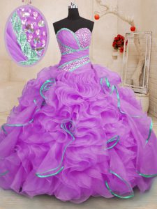 Best Lilac Ball Gowns Sweetheart Sleeveless Organza With Brush Train Lace Up Beading and Ruffles Ball Gown Prom Dress