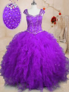 Smart Purple Lace Up Square Beading and Ruffles 15th Birthday Dress Tulle Cap Sleeves
