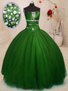 Green Lace Up Strapless Beading Quinceanera Gown Tulle Sleeveless