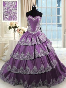 Ruffled With Train Purple Sweet 16 Quinceanera Dress Sweetheart Sleeveless Lace Up