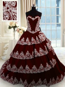 Unique Beading and Appliques and Ruffled Layers Ball Gown Prom Dress Wine Red Lace Up Sleeveless With Train Court Train