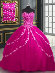 Tulle Sweetheart Sleeveless Brush Train Lace Up Beading and Appliques Quinceanera Gowns in Fuchsia