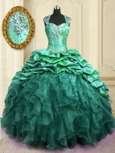 Chic Turquoise Lace Up Sweetheart Beading and Ruffles and Pick Ups Sweet 16 Quinceanera Dress Organza and Taffeta Cap Sl