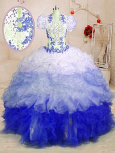 Multi-color Organza Lace Up Sweetheart Sleeveless With Train Ball Gown Prom Dress Brush Train Beading and Appliques and 