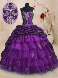 Pick Ups Ruffled Purple Sleeveless Organza and Taffeta Sweep Train Lace Up Sweet 16 Quinceanera Dress for Military Ball 