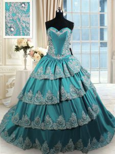 Fashionable Teal Ball Gowns Taffeta Sweetheart Sleeveless Beading and Appliques and Ruffled Layers With Train Lace Up Qu