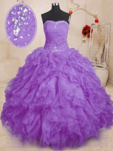 Sleeveless Organza Floor Length Lace Up Sweet 16 Dresses in Lavender with Beading and Ruffles and Ruching