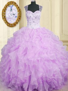 Attractive Floor Length Lavender Sweet 16 Dress Organza Sleeveless Beading and Ruffles