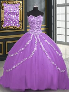 Noble Lavender Ball Gowns Tulle Sweetheart Sleeveless Beading and Appliques With Train Lace Up Quinceanera Dress Brush T