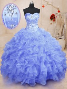 Stunning Sleeveless Floor Length Beading and Ruffles Lace Up Quince Ball Gowns with Light Blue