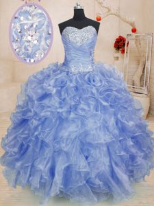 Stunning Light Blue Sleeveless Floor Length Beading and Ruffles Zipper Ball Gown Prom Dress
