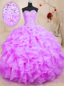 Romantic Lilac Ball Gowns Beading and Ruffles Quince Ball Gowns Lace Up Organza Sleeveless Floor Length