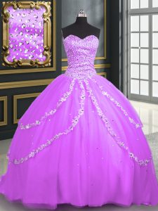 Sleeveless With Train Beading and Appliques Lace Up 15 Quinceanera Dress with Lilac Brush Train
