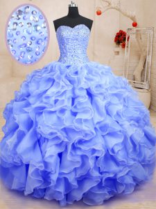 Admirable Lavender Ball Gowns Sweetheart Sleeveless Organza Floor Length Lace Up Beading and Ruffles Quince Ball Gowns