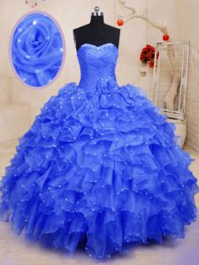 Attractive Blue Sweetheart Neckline Beading and Ruffles and Hand Made Flower 15 Quinceanera Dress Sleeveless Lace Up