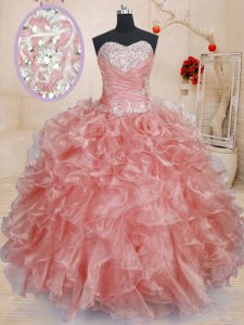 Enchanting Watermelon Red Ball Gowns Sweetheart Sleeveless Organza Floor Length Lace Up Beading and Ruffles Quinceanera 