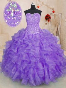 Sleeveless Organza Floor Length Lace Up Sweet 16 Dresses in Lavender with Beading and Ruffles