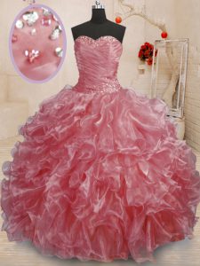 Stylish Watermelon Red Lace Up Sweet 16 Dress Beading and Ruffles Sleeveless Floor Length