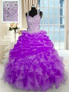 Gorgeous Floor Length Lilac 15 Quinceanera Dress Organza Sleeveless Beading and Ruffles