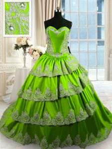 Cheap Green Lace Up Ball Gown Prom Dress Beading and Appliques and Ruffled Layers Sleeveless With Train Court Train