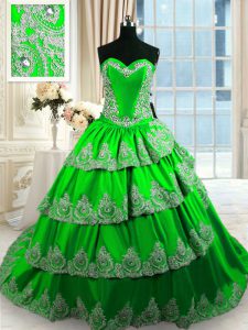 Unique Lace Up Sweet 16 Dresses Beading and Appliques and Ruffled Layers Sleeveless With Train Court Train